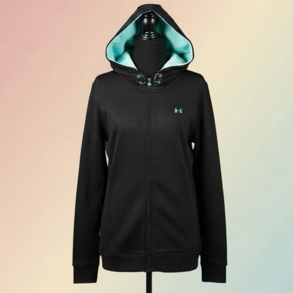 Under Armour Full Zip Fleece Lined Hoodie Size Large Black with Blue Hood